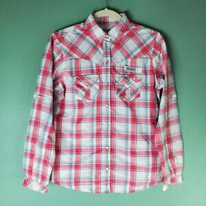 Columbia PFG Womens Pink Blue White Plaid Pearl Snap LS Shirt Top Size Small